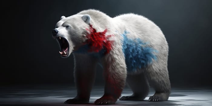 Growling White Arctic Bear With Red And Blue Paint On A Fur, Illustration