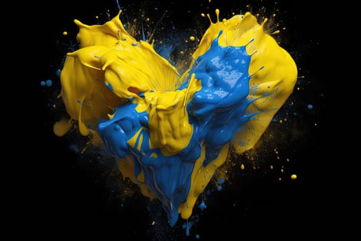 Splashes of blue and yellow paint in the shape of a heart. Ukraine. generative AI