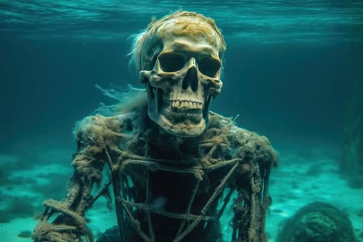 Old human skeleton underwater, the sunken man, generative AI