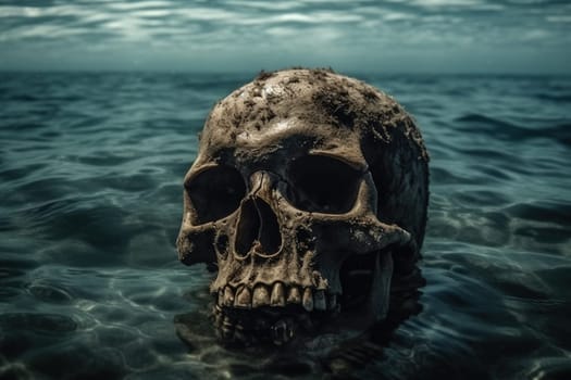 Old human skull in the ocean, generative AI