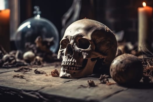 human skull on a table in abandoned terrible place, concept of poisoning, generative AI