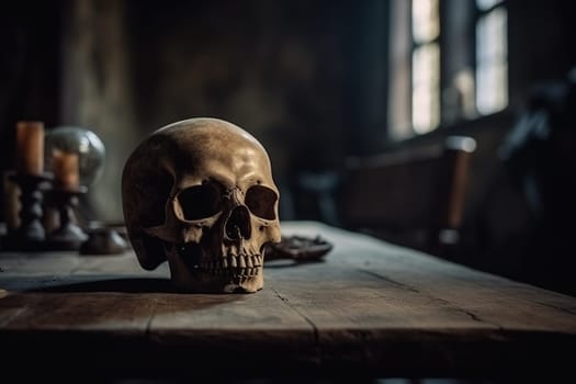 skull on a wooden table in a terrible and dangerous place, generative AI