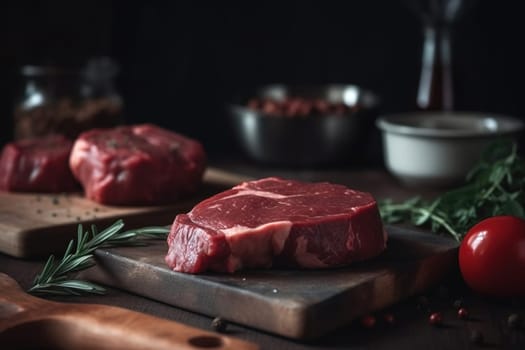 Raw beef meat on a cutting board in a kitchen cooking meat dinner , generative AI