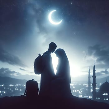 A couple silhouetted against a starry Ramadan sky, sharing a moment of reflection and gratitude under a crescent moon. Happy ramadan, ramadhan, ramazan. High quality photo