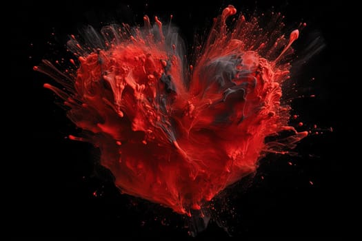 Black and red paint splashes form a heart shape, symbolizing deep passion and mystery, as they dramatically stand out against a dark black background.