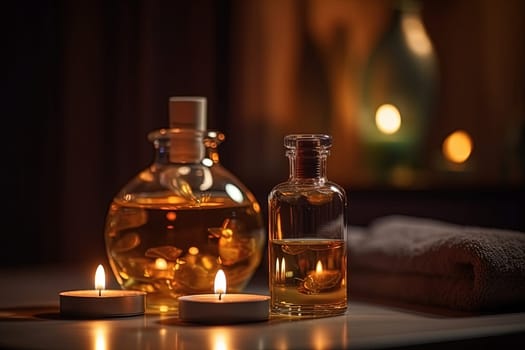 Spa treatments with aromatic oils in glass bottles, candles, and towels