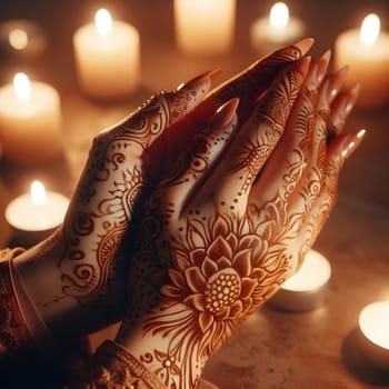 An intricate henna design on hands clasped in prayer, with soft candlelight casting a warm glow 4k, photorealistic. High quality photo