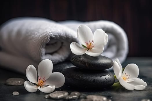 Spa treatments with massage rocks,white flowers and towels