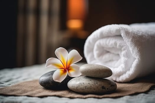 Spa treatments with massage rocks with white flowers and towels