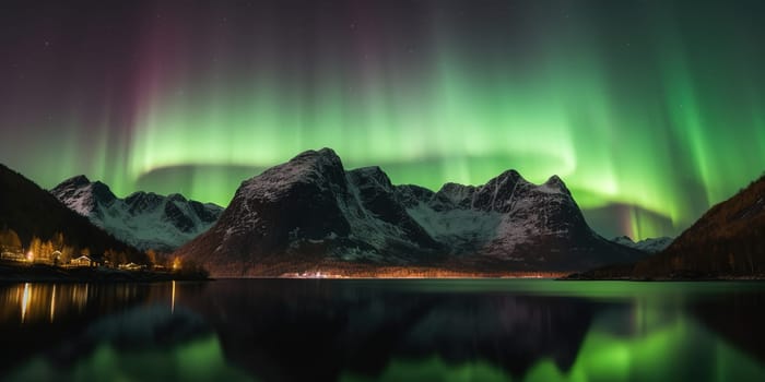 amazing natural phenomenon of Aurora Northern Lights in the sky above the peaks of big mountains, generative AI