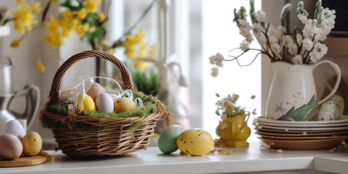 Dyed Easter eggs in a wicker basket on the kitchen table with flowers