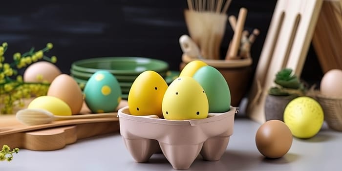 Painted Easter eggs on the kitchen table with kitchen utensils and flowers