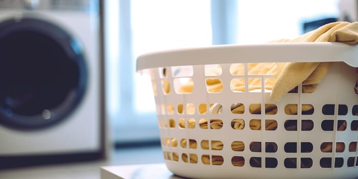 Clean clothes fill laundry basket in bath room.