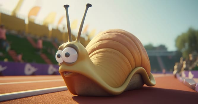 Funny Cartoon Character Snail On A Running Track At The Stadium