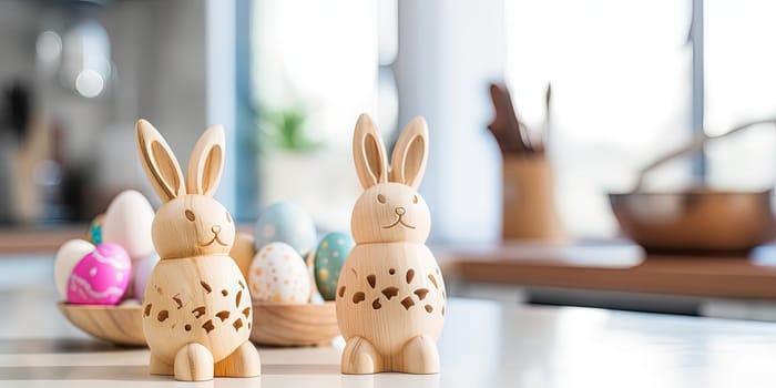 Easter bunny figurines on the kitchen table with easter eggs on the background