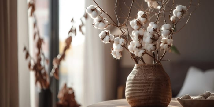 Cozy room decor features cotton branches in vase.