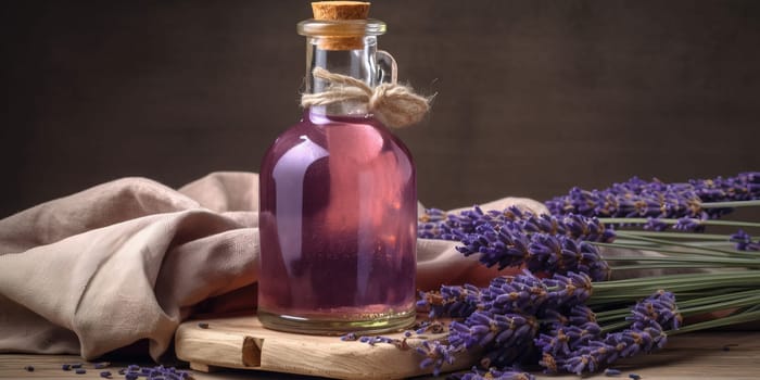 Lavender oil in transparent bottle with lavender sprigs on table serves as cosmetic body care.