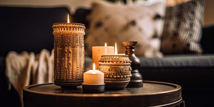 Candles burn in stylish decorative candle holders in an eastern style, creating a cozy and comfortable room.
