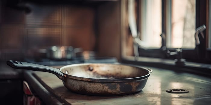 Empty, rusty saucepan sits in old kitchen at home.