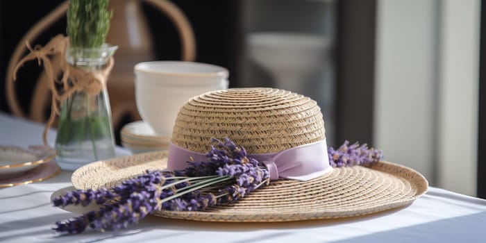 Straw women's hat with a sprig of lavender lies on table, adding stylish touch to room.