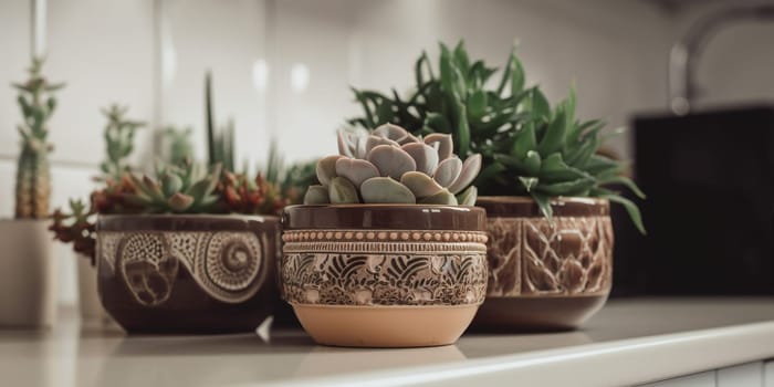 Ceramic decorative pots with cacti and succulents adorn table in cozy room.