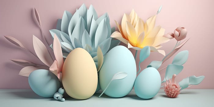 Quilling Colorful Paper Flowers And Easter Eggs, Concept Of Easter Holiday In Pastel Colors