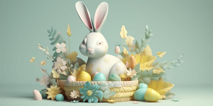 Quilling Colorful Paper Flowers And Easter Rabbit, Concept Of Easter Holiday