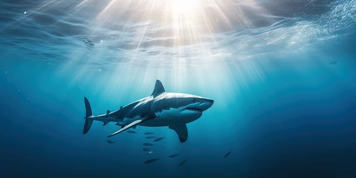 big white shark swimming and hunting in the ocean water near the surface with the sunlight underwater, generative AI