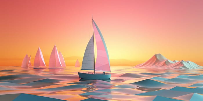 Amazing landscape with a solitary yacht at sea during a polygonal illustrated sunset
