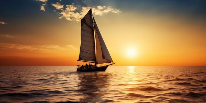 Amazing landscape with a solitary yacht sailing at sunset, a small sailboat