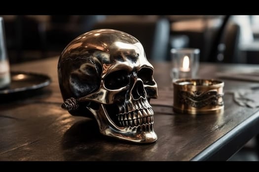 golden statuette of human skull on the desk in vintage Room, generative AI