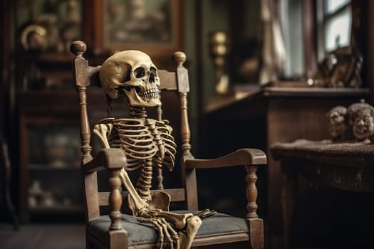 Old human skeleton on a arm chair on background old abandoned mysterious room, generative AI