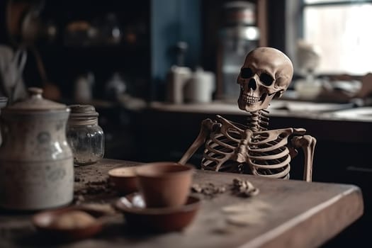 old human skeleton in an old abandoned kitchen room, concept of poisoning, generative AI
