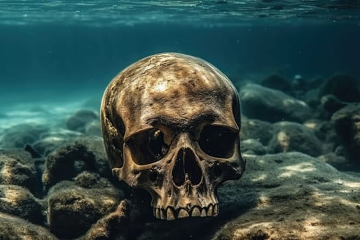 Old human skull in the ocean underwater, generative AI