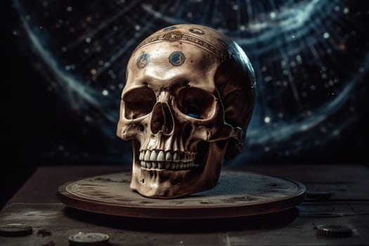 A painted human skull and on a road for rituals and predictions, generative AI