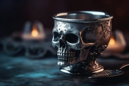 silver skull as a cup on a mysterious background, generative AI