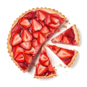 delicious strawberry pie cutted into pieces isolated on a white background, top view , generative AI