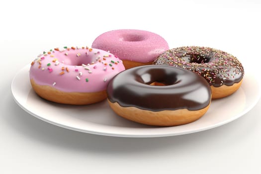 3D illustration of delicious donuts poured with a glaze on a plate isolated on a white background , generative AI
