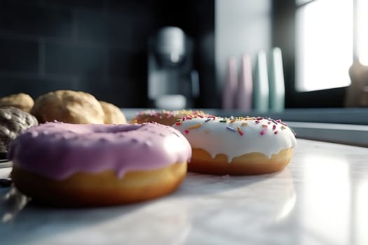 delicious donuts in multicolored glaze on a table in the kitchen , generative AI