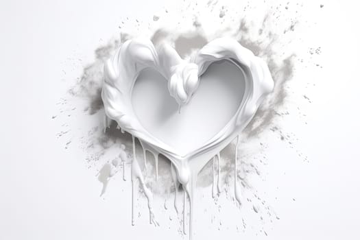 White paint splashes form a heart shape, symbolizing purity and love, as they delicately blend with a pristine white background, creating an ethereal effect. , generative AI