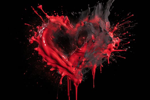 Black and red paint splashes form a heart shape, symbolizing deep passion and mystery, as they dramatically stand out against a dark black background.