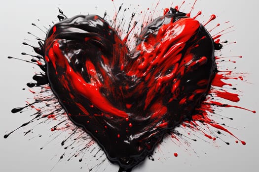 Black and red paint splashes form a heart shape, symbolizing deep passion and mystery on a black background , generative AI