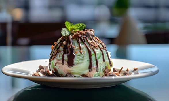 Delicious Ice Cream Dessert In The Pistachio Taste With Chocolate And Mint In A Cafe, Dessert In Cafe