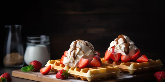 Delicious Waffle Dessert With Strawberries And Cream On A Plate, Dessert In Cafe