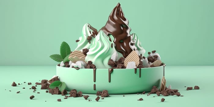 Illustration Of Ice Cream Dessert With The Pistachio And Chocolate On A Mint Background, Dessert In Cafe