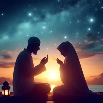 A couple silhouetted against a starry Ramadan sky, sharing a moment of reflection and gratitude under a crescent moon. Happy ramadan, ramadhan, ramazan. High quality photo