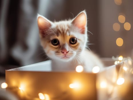 Kitten As A Christmas Gift Peeks Out Of A Box In A Festively Decorated Room