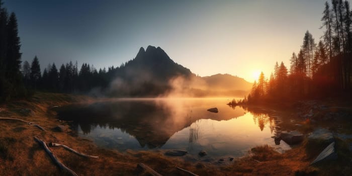 beautiful panoramic landscape was a mountain lake in the morning fog against a big mountain at sunset, generative AI