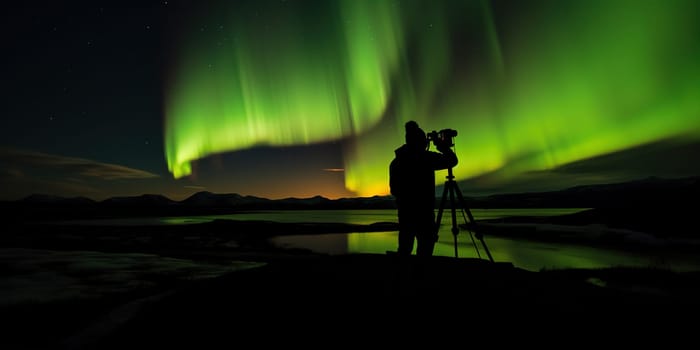 silhouette of photographer with a tripod who takes a photo of Aurora lights in the night sky, generative AI