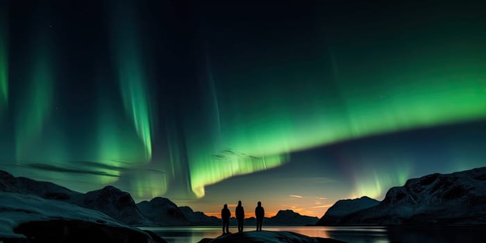 silhouettes of three men who observe an aurora a natural phenomenon of Northern Lights in the sky, generative AI